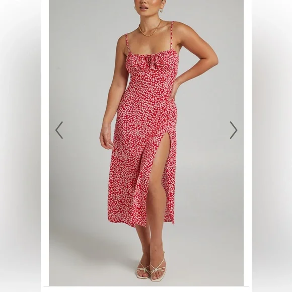 Showpo Willa Red Floral cottage inspired Midi Dress with Slit. Size 6. NWT - Picture 1 of 9
